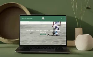 Creative web designer showcasing Rose Lane Studio website design, a clean and user-friendly digital storefront for a sustainable clothing brand.